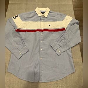 [XL]U.S. Polo Assn. Men's Light Blue Shirt Red White Stripes Embroidered Logo